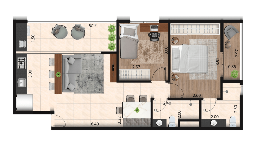 Planta 1 dormitório amplo · 52 m²